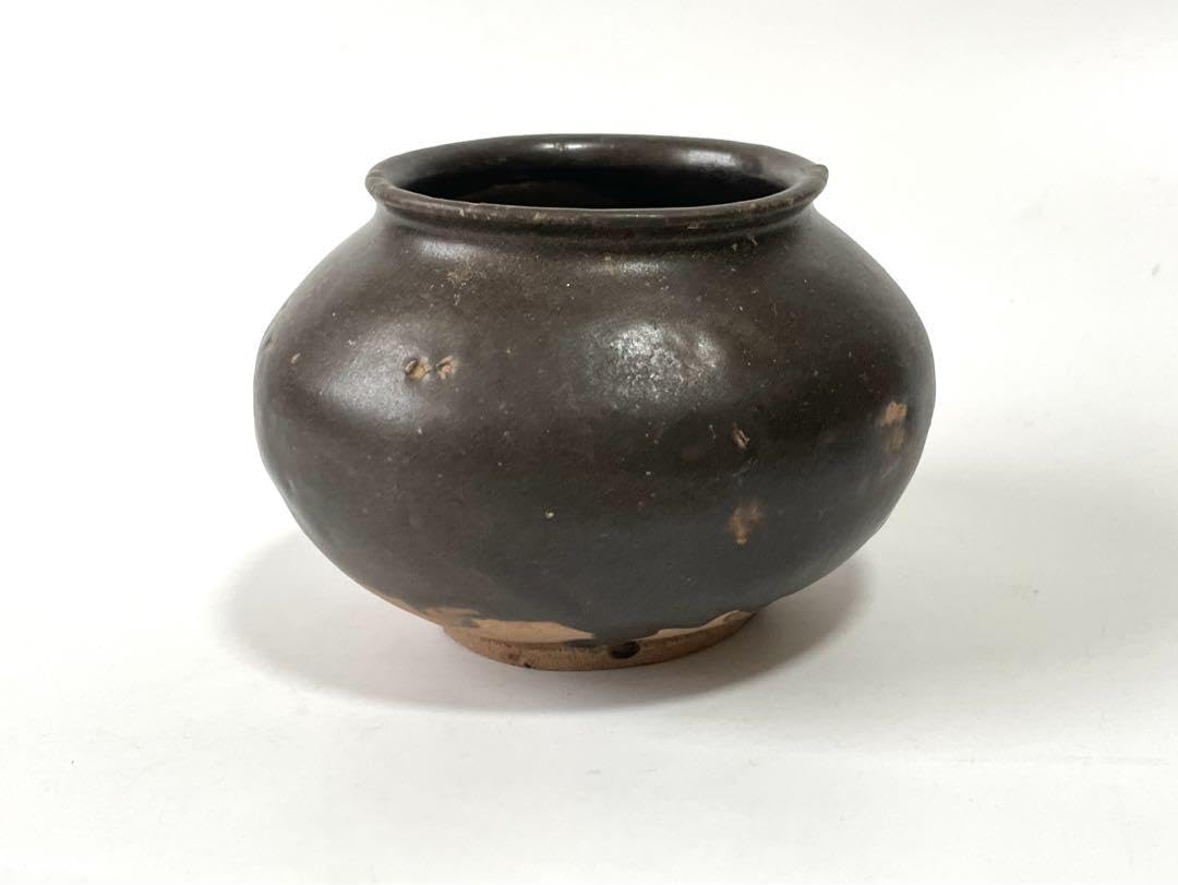 Amazon.co.jp: アンティーク 工芸品 骨董 李朝 褐釉 黒高麗 小壺 壺 丸